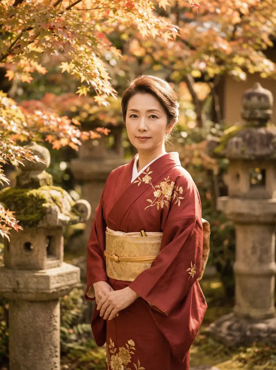 一位身穿暗红色和服的优雅 安新育才花园事件 在日式庭院中